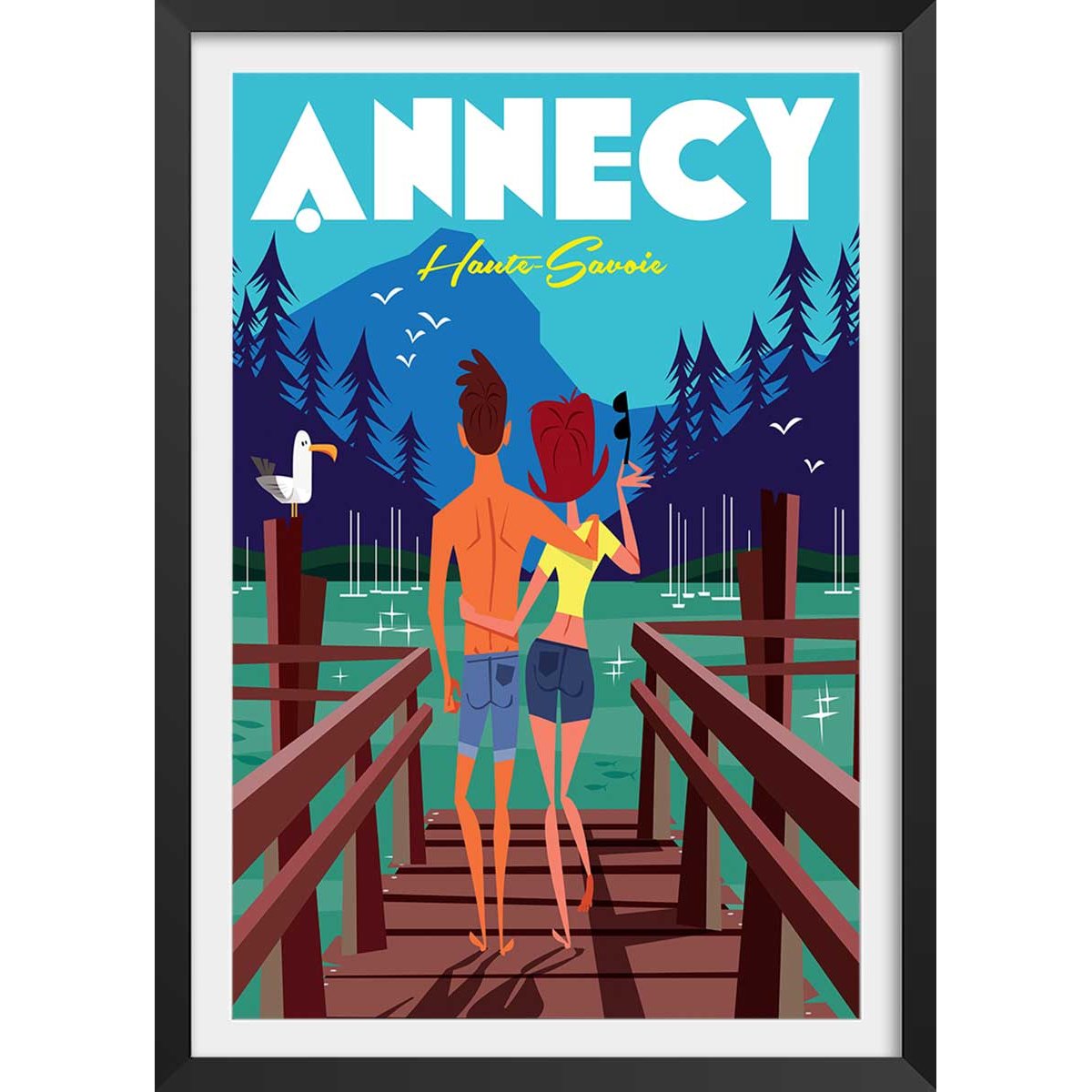 Poster le pont des amours annecy lac affiche + cadre en bois - noir, HEXOA