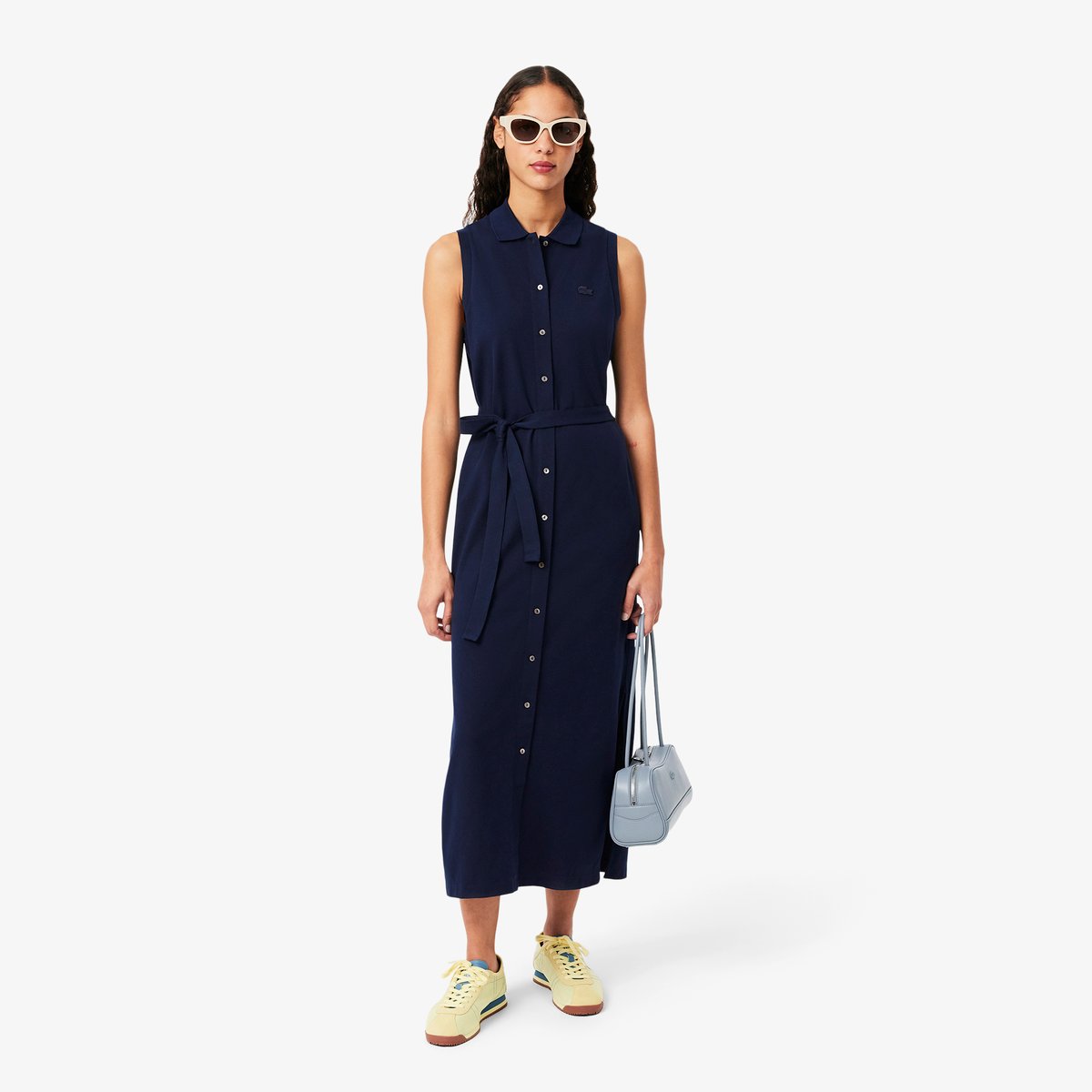 Robe polo longue en mini Piqué stretch bleu-166, LACOSTE