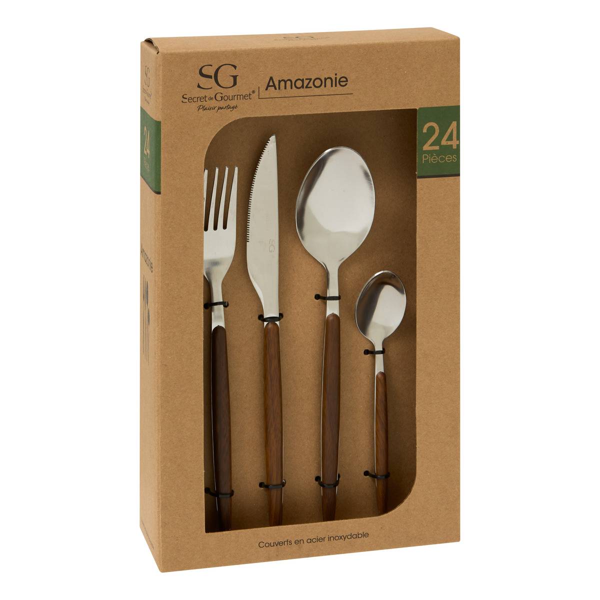 Ménagère 24 pièces en acier inoxydable et manches effet bois AMAZONIE marron, SECRET DE GOURMET