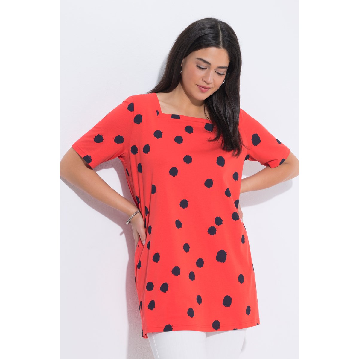 T-shirt long motif à pois corail, ULLA POPKEN