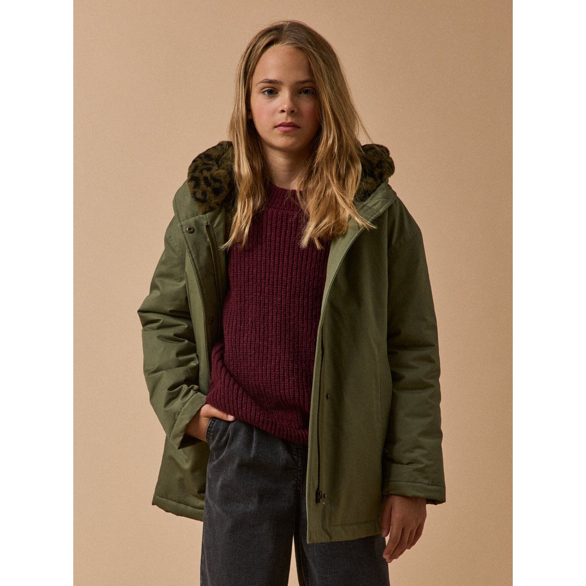 Parka courte doublée léopard - Junior vert olive, CYRILLUS
