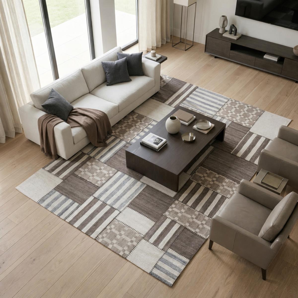 Tapis kilim PATCHWINDIA, fait à la main en laine motif géométrique ivoire, UN AMOUR DE TAPIS