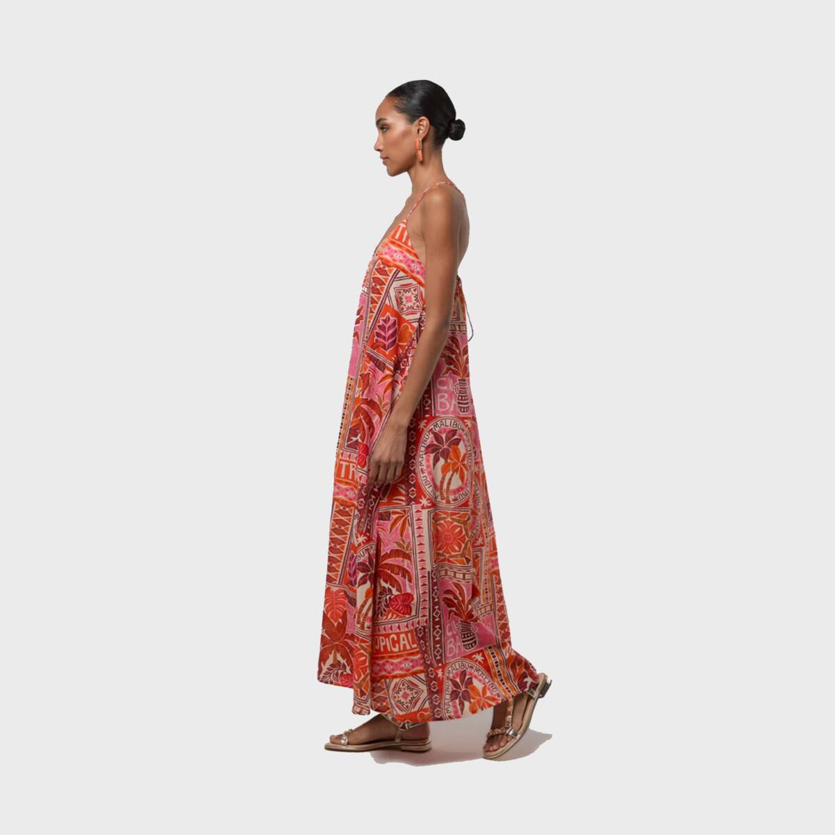Robe longue imprimée à fines bretelles et coupe fluide corail, LOLA CASADEMUNT