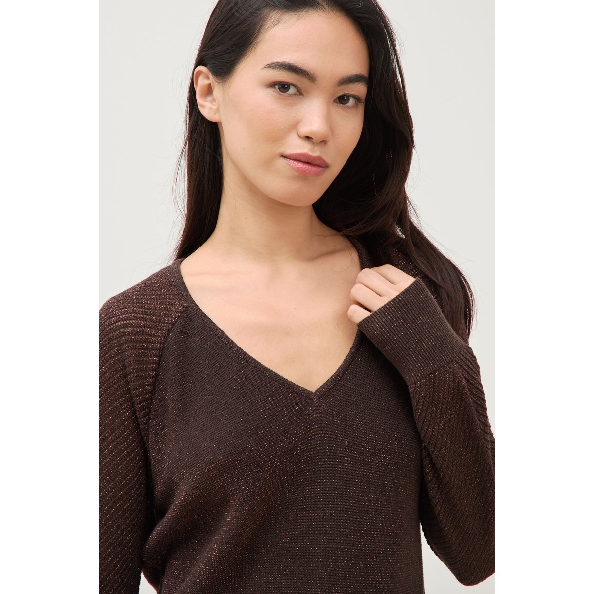 Pull droit col v manches longues marron, BONOBO