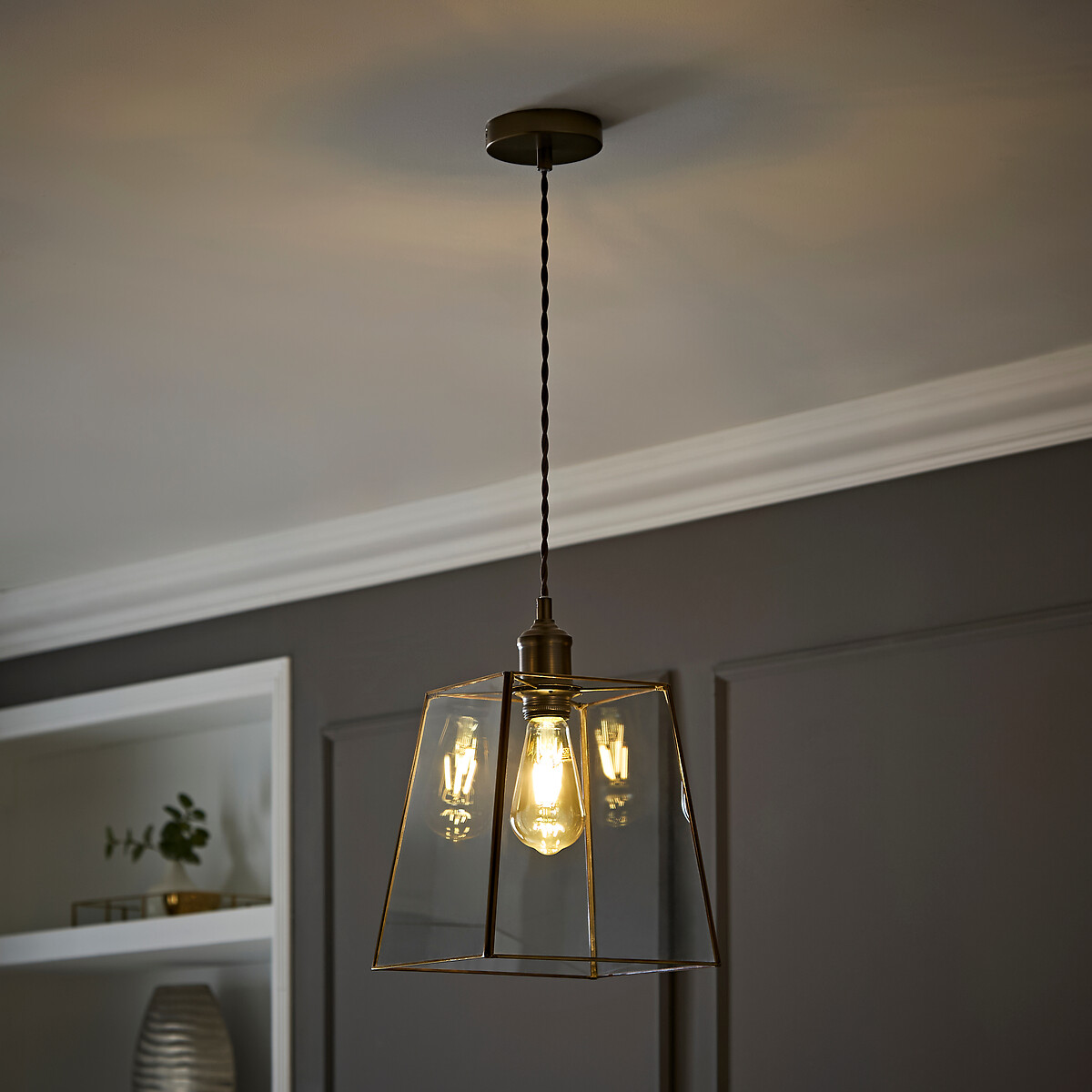 Sylvia Glass Lantern Pendant Light in Antique Brass transparent, SO'HOME