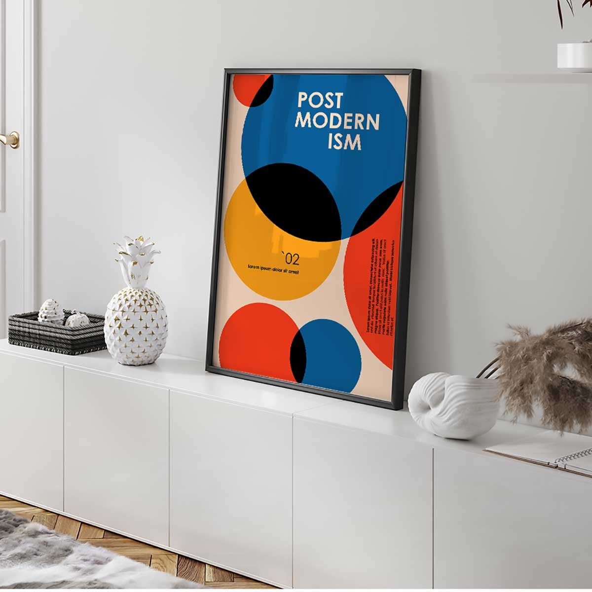 Affiche abstraite postmodernisme formes géométriques modernes affiche + cadre en métal - noir, HEXOA