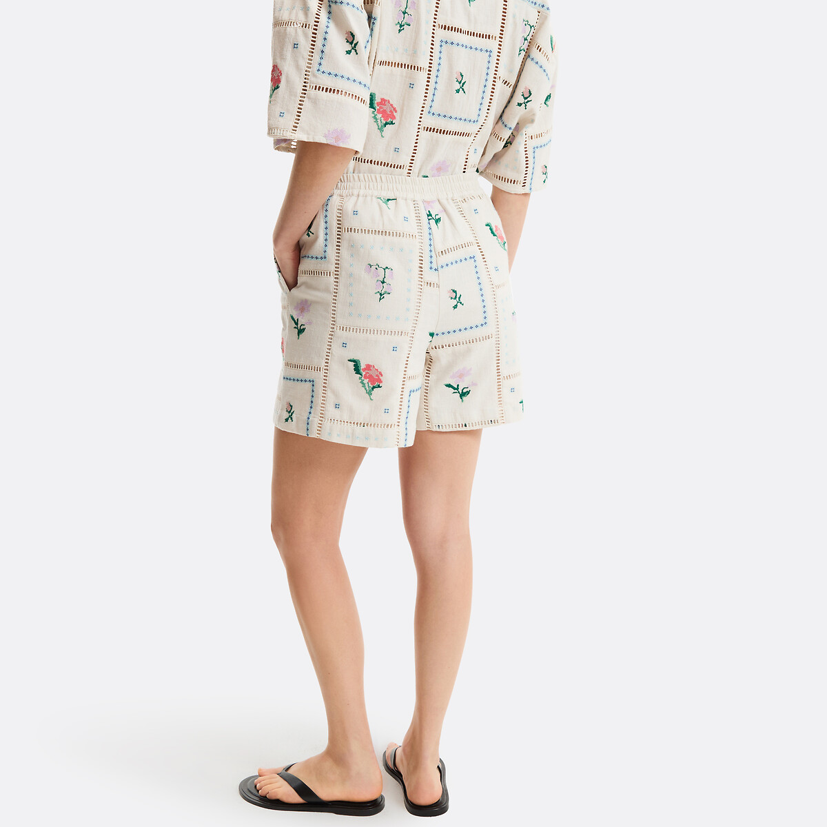 Short brodé floral à taille élastiquée beige naturel, LA REDOUTE COLLECTIONS