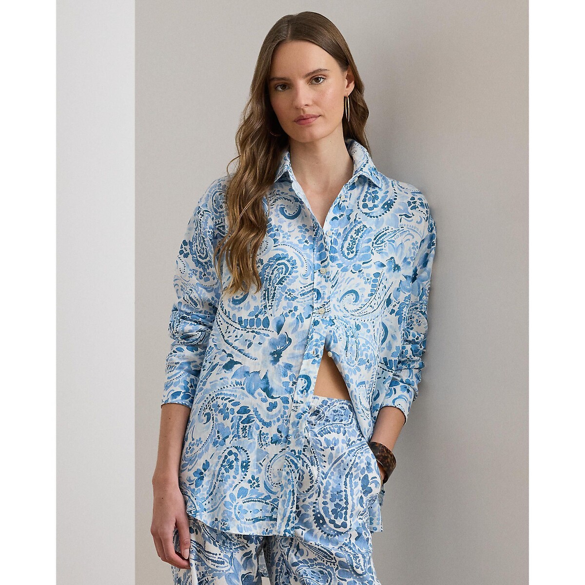 Chemise manches longues en lin imprimé cachemire rayé bleu/blanc, LAUREN RALPH LAUREN