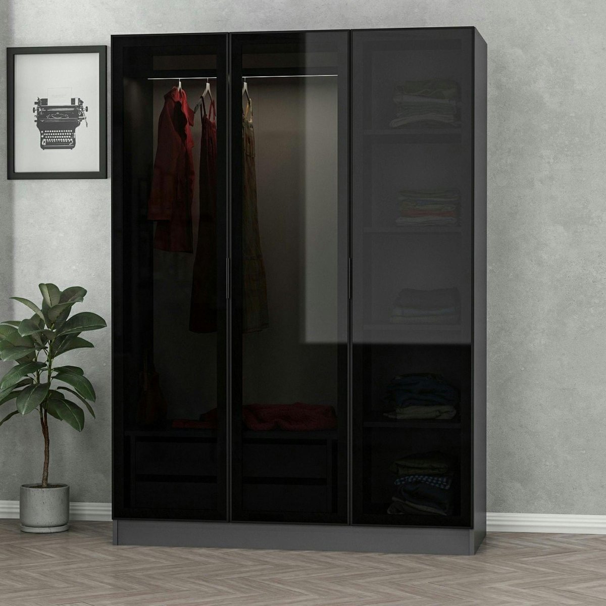 Armoire penderie grise design, 3 portes vitrées BYRON anthracite, PIER IMPORT