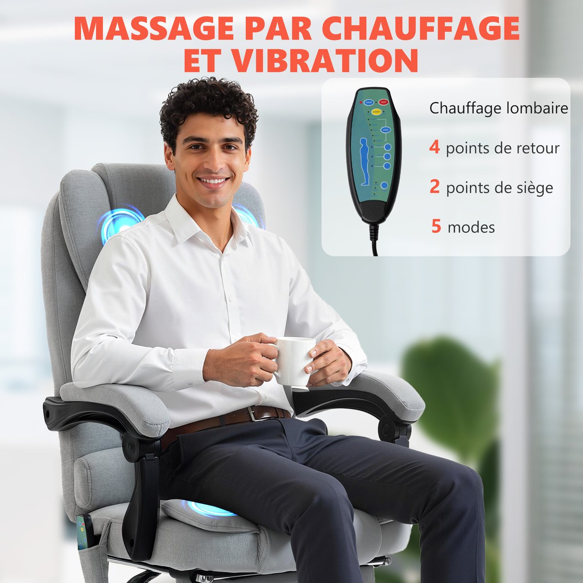 Fauteuil de bureau avec fonction massage gris clair, HOMCOM
