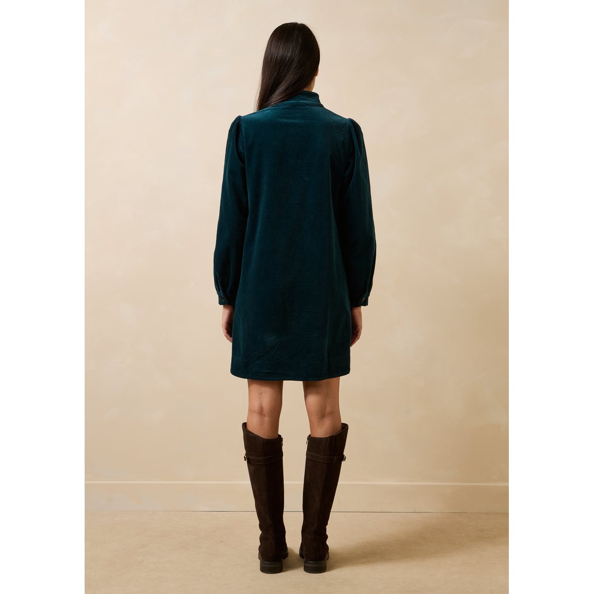 Robe manches longues col montant en velours côtelé petrole, LA FEE MARABOUTEE