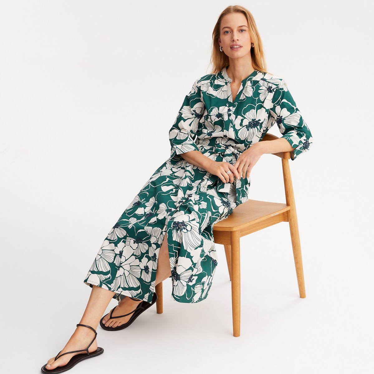Printed Flared Dress, Long, 3/4 Length Sleeves green floral print , ANNE WEYBURN