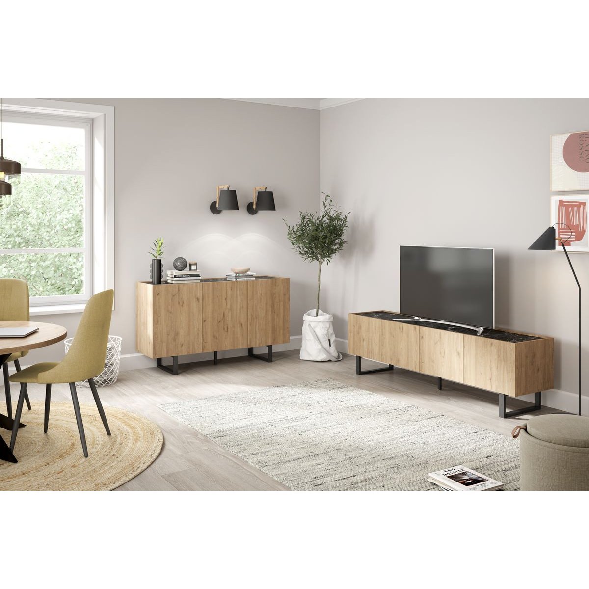 Buffet bas en panneaux de particules 3 portes 140 cm, OPERA marron clair, BOBOCHIC