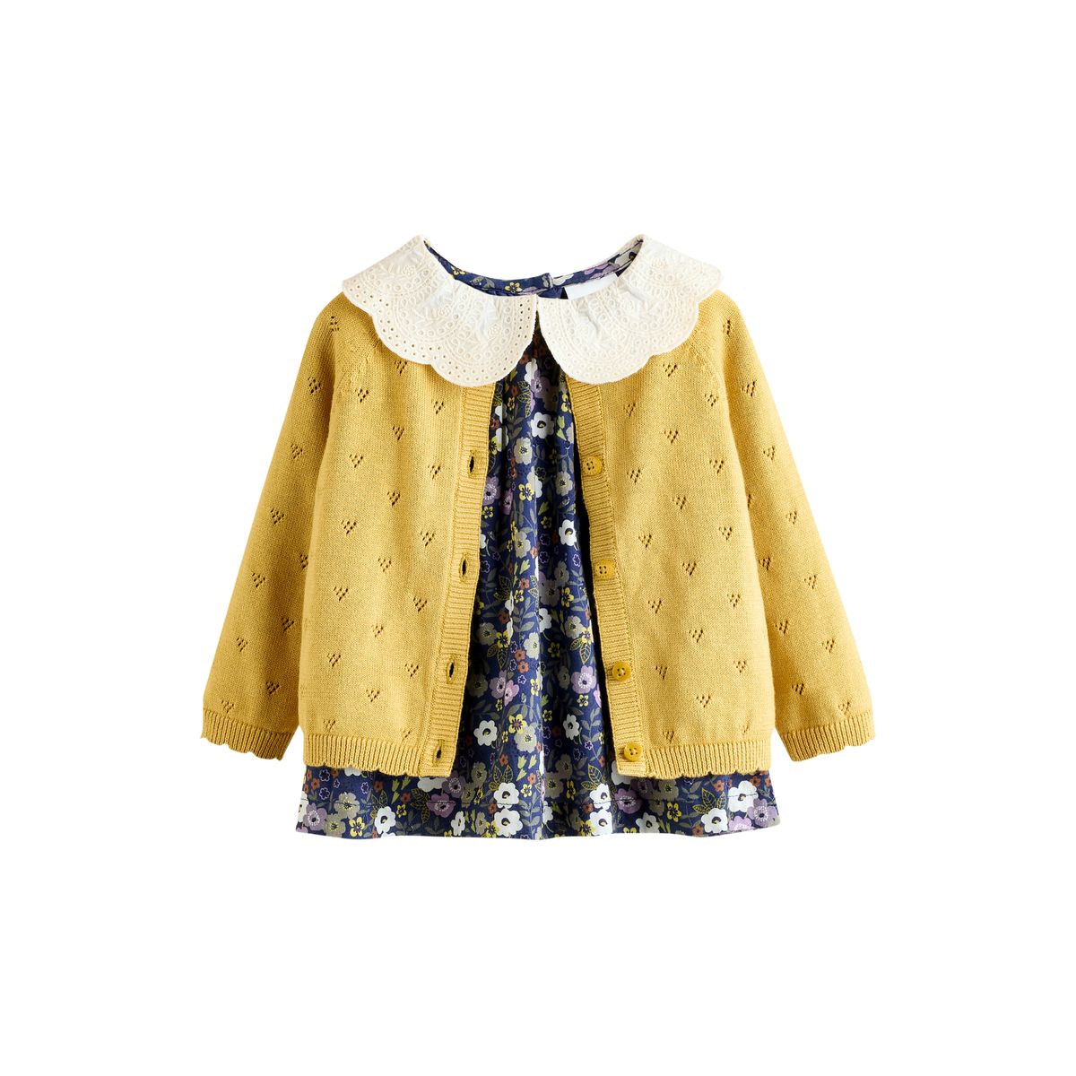 Cardigan, haut et pantalon en velours bébé jaune/ bleu marine ditsy/ violet, NEXT