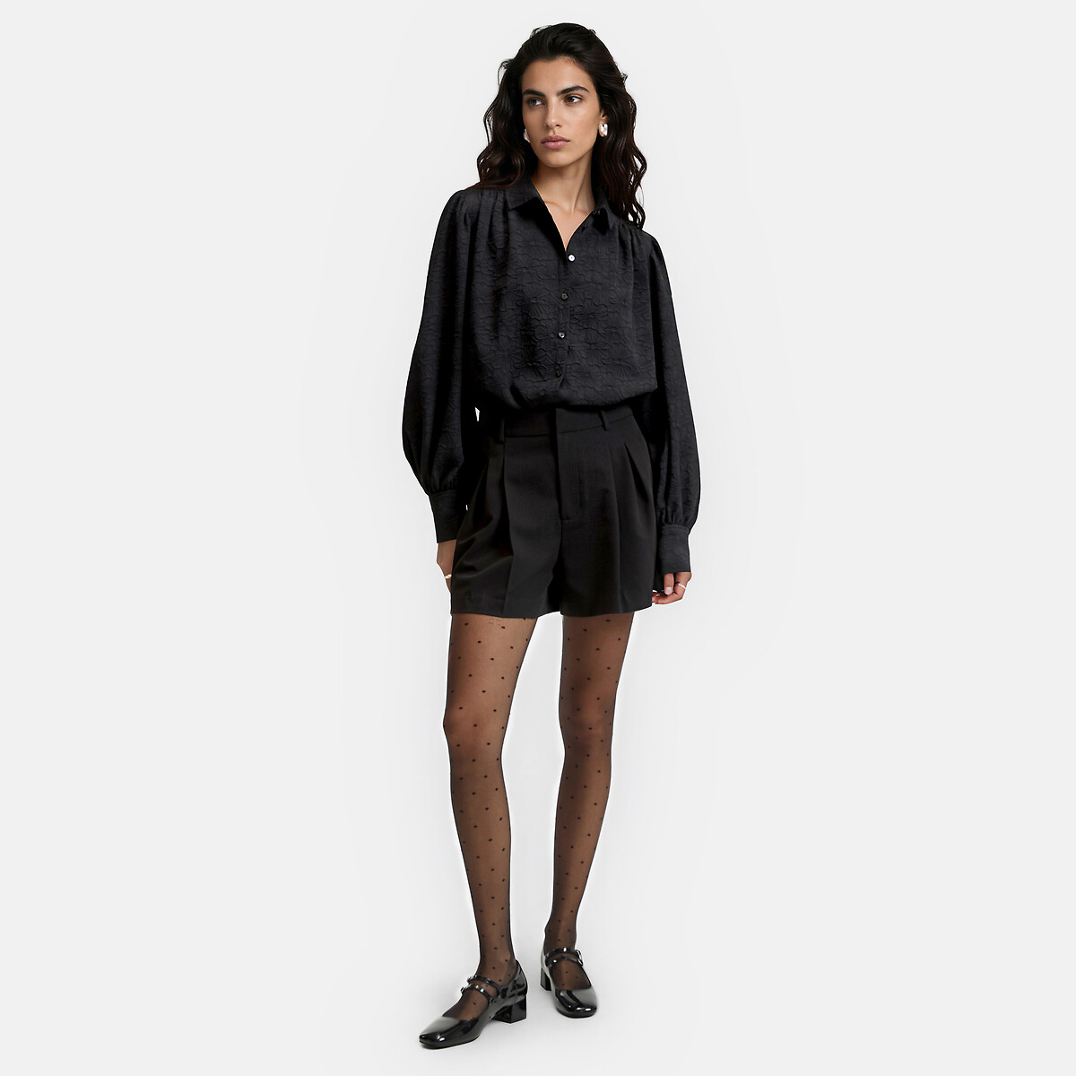 Chemise brodée, à manches longues bouffantes noir, LA REDOUTE COLLECTIONS