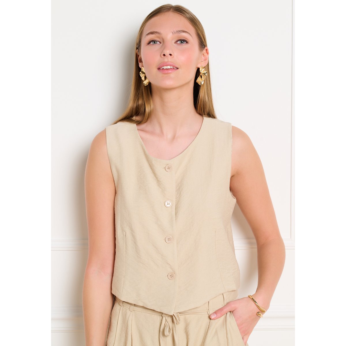 Gilet sans manches boutonné lt beige, LOLALIZA