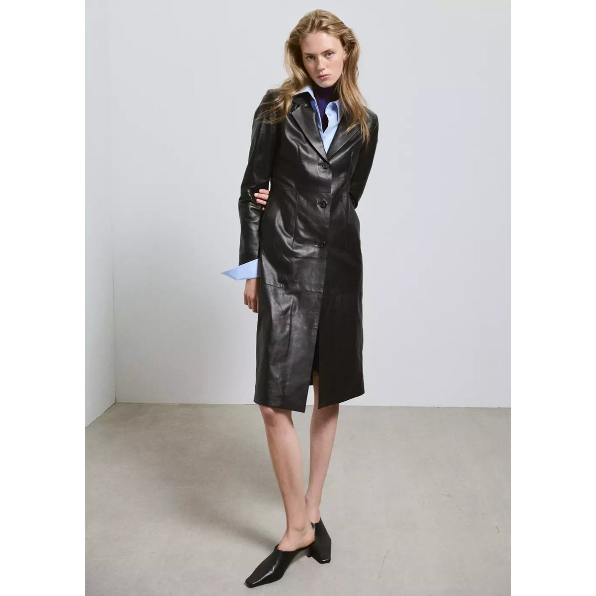 Manteau cuir revers noir, MANGO
