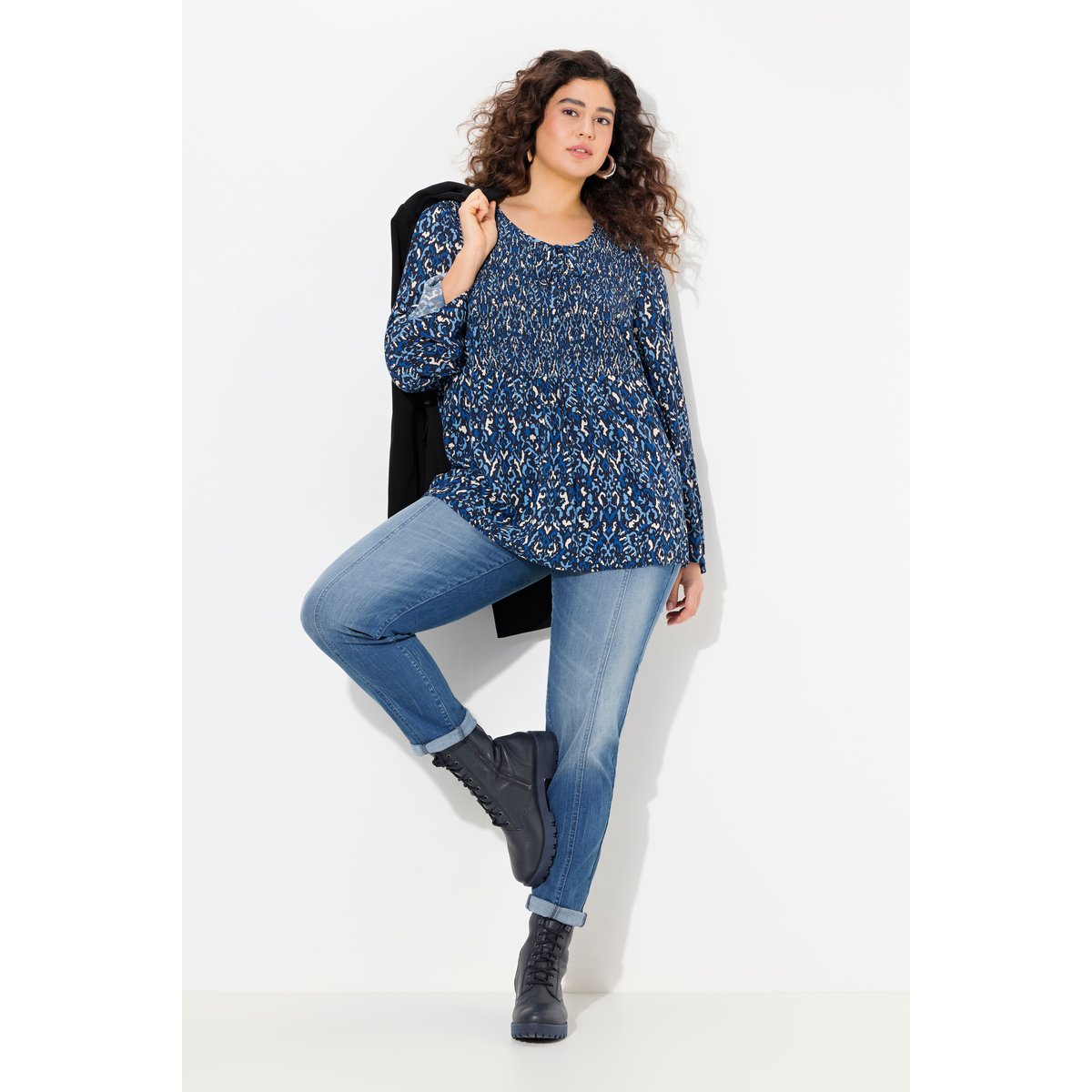 Blouse smockée, décolleté rond marine, ULLA POPKEN