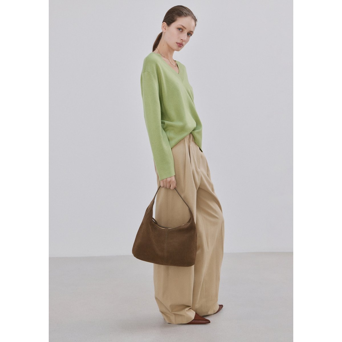 Pull-over maille col en V vert, MANGO