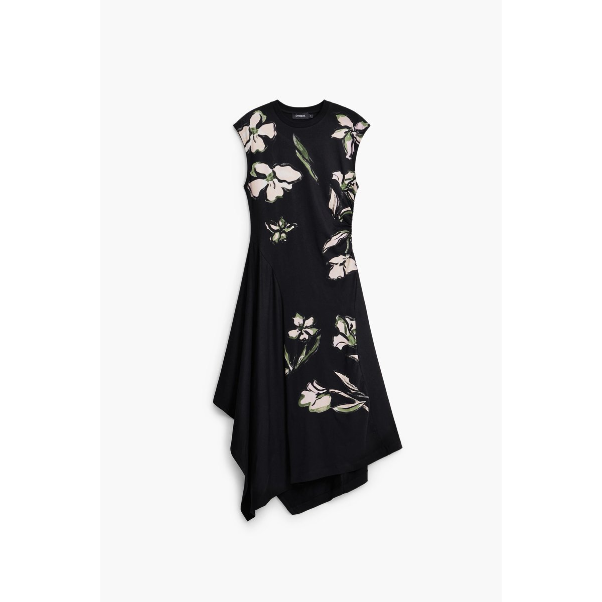 Robe asymétrique à fleurs noir, DESIGUAL