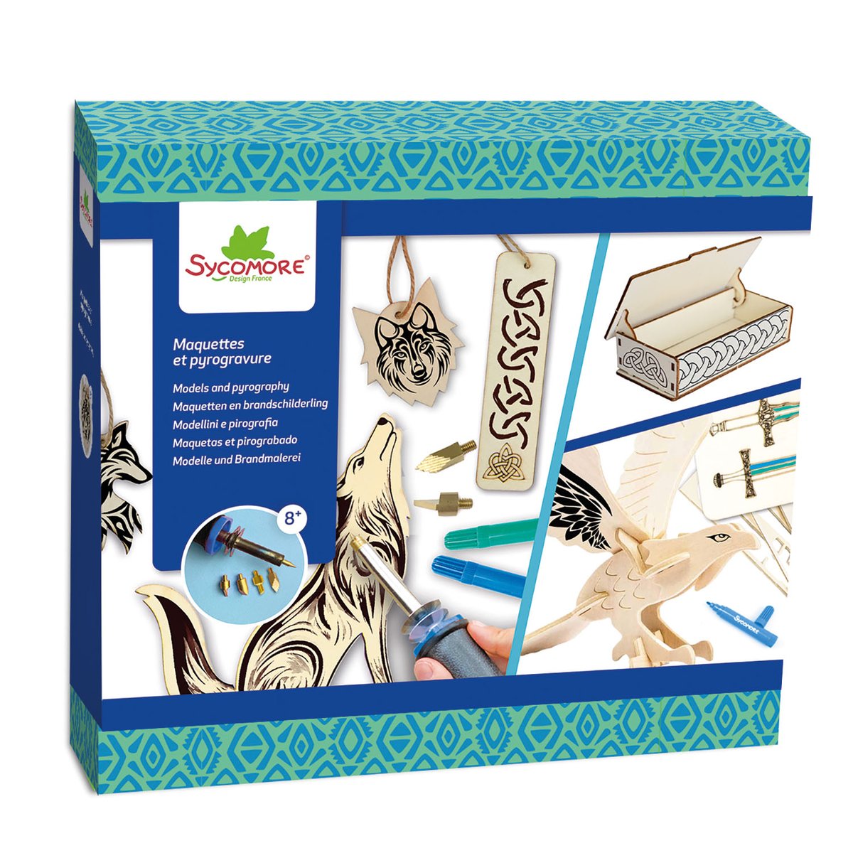 Maquettes et pyrogravure Celtique bleu, SYCOMORE
