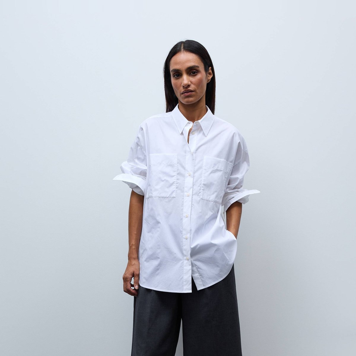 Chemise unie avec manches longues en coton BIO GOTS blanc, MONOPRIX