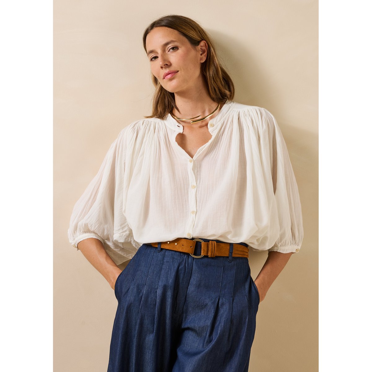 Chemisier en voile de coton fluide ecru, LA FEE MARABOUTEE