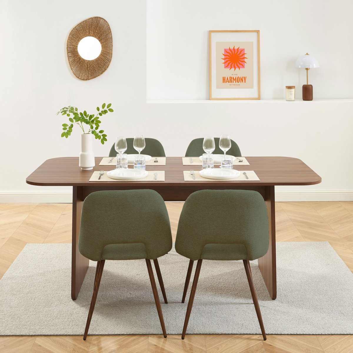 Ensemble table noyer et 4 chaises tissu  LANGO bois foncé, BAÏTA
