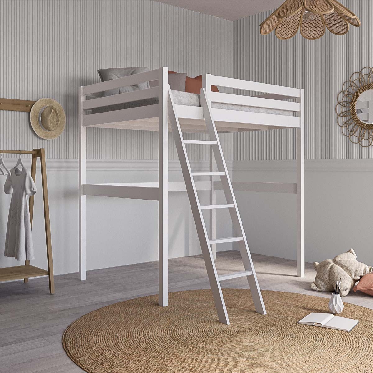 Pack lit mezzanine 2 places avec matelas Bois massif AARON blanc, AKITEN RETAIL