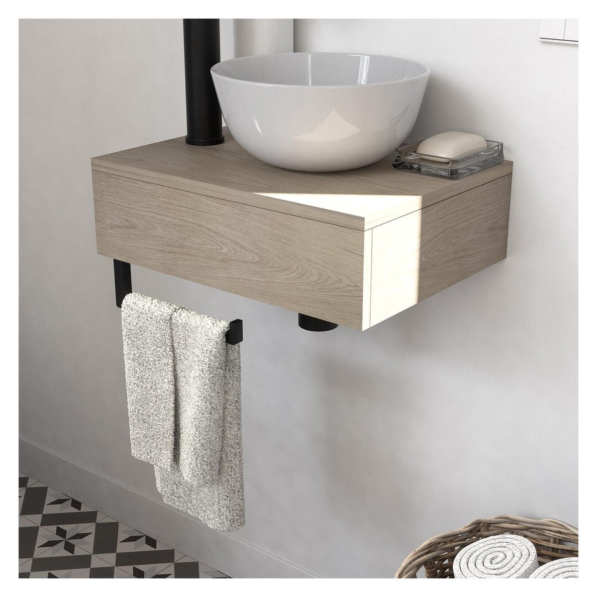 Lave-mains plan épais + vasque + miroir SOHO décor chêne, MOB IN