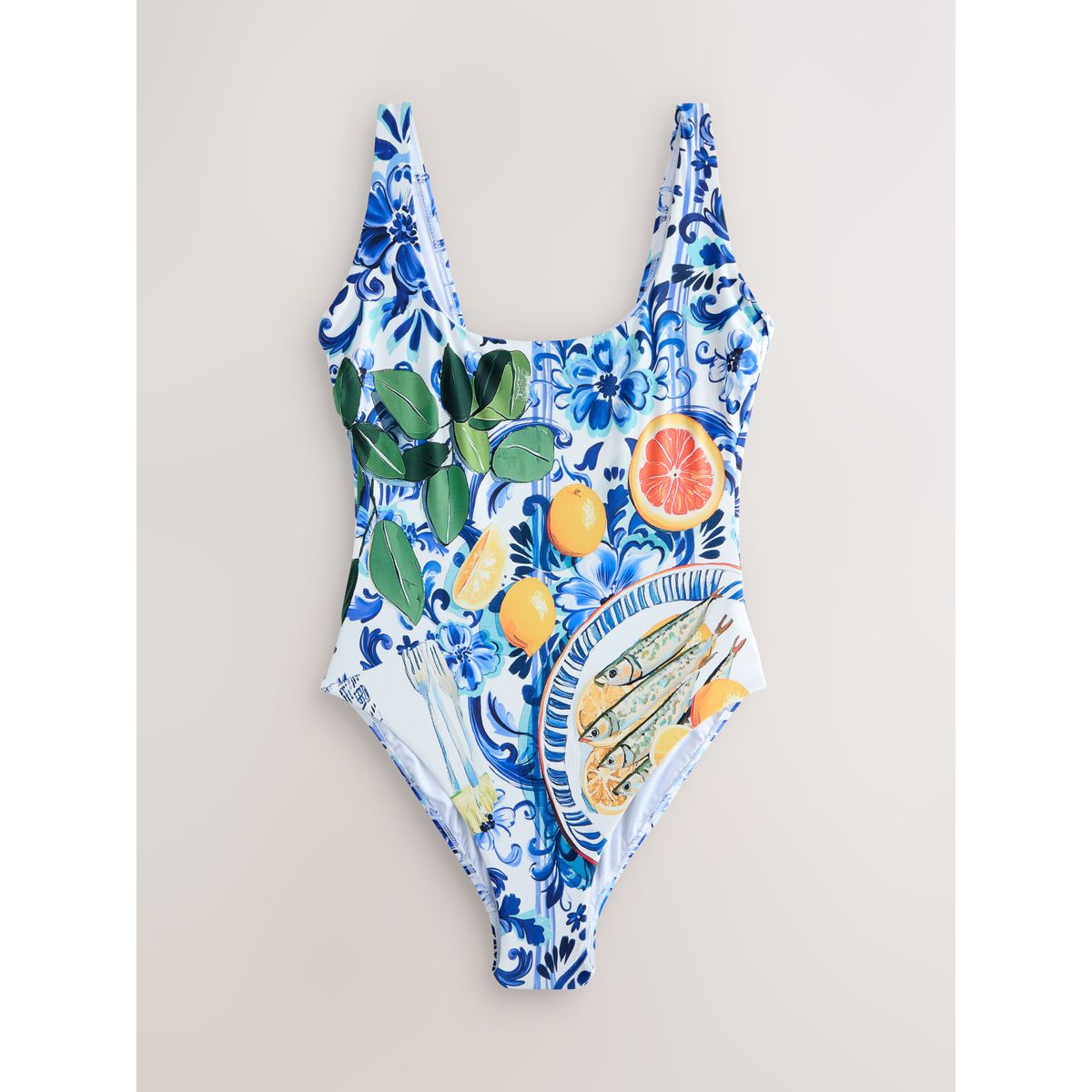 Maillot de bain gainant à encolure dégagée motif sardine en porcelaine bleue et blanche, NEXT