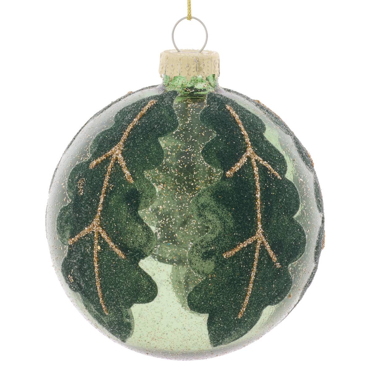 Boule de Noël en verre givré motif feuille D. 80 mm vert, FEERIC LIGHTS & CHRISTMAS