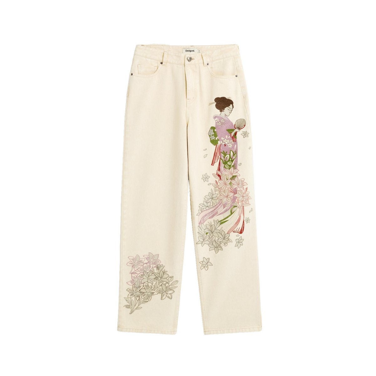 Pantalon en jean balloon brodé beige, DESIGUAL