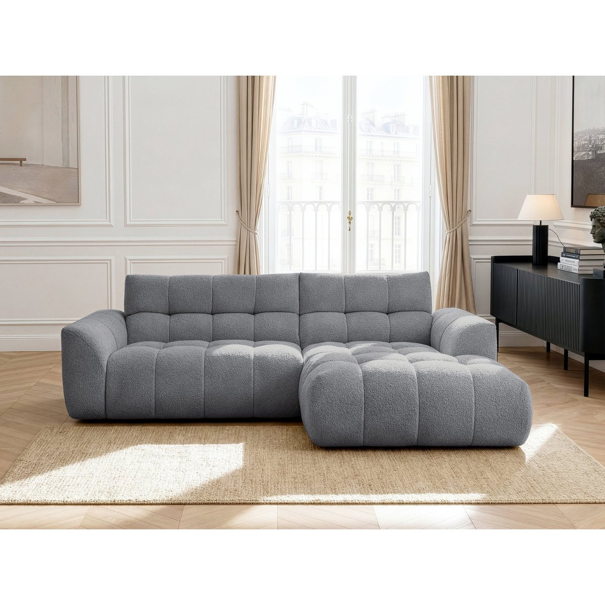 Canapé d'angle fixe 3 places en tissu chenille, JAYA gris, BOBOCHIC