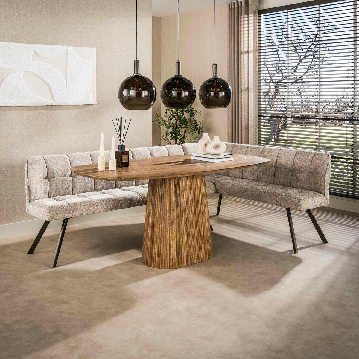 Banc de table tissu doux sable, angle droit MELBOURNE beige, PIER IMPORT