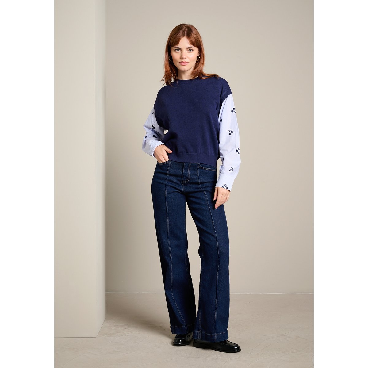 Pull à manches en popeline bleu marine, LOLALIZA