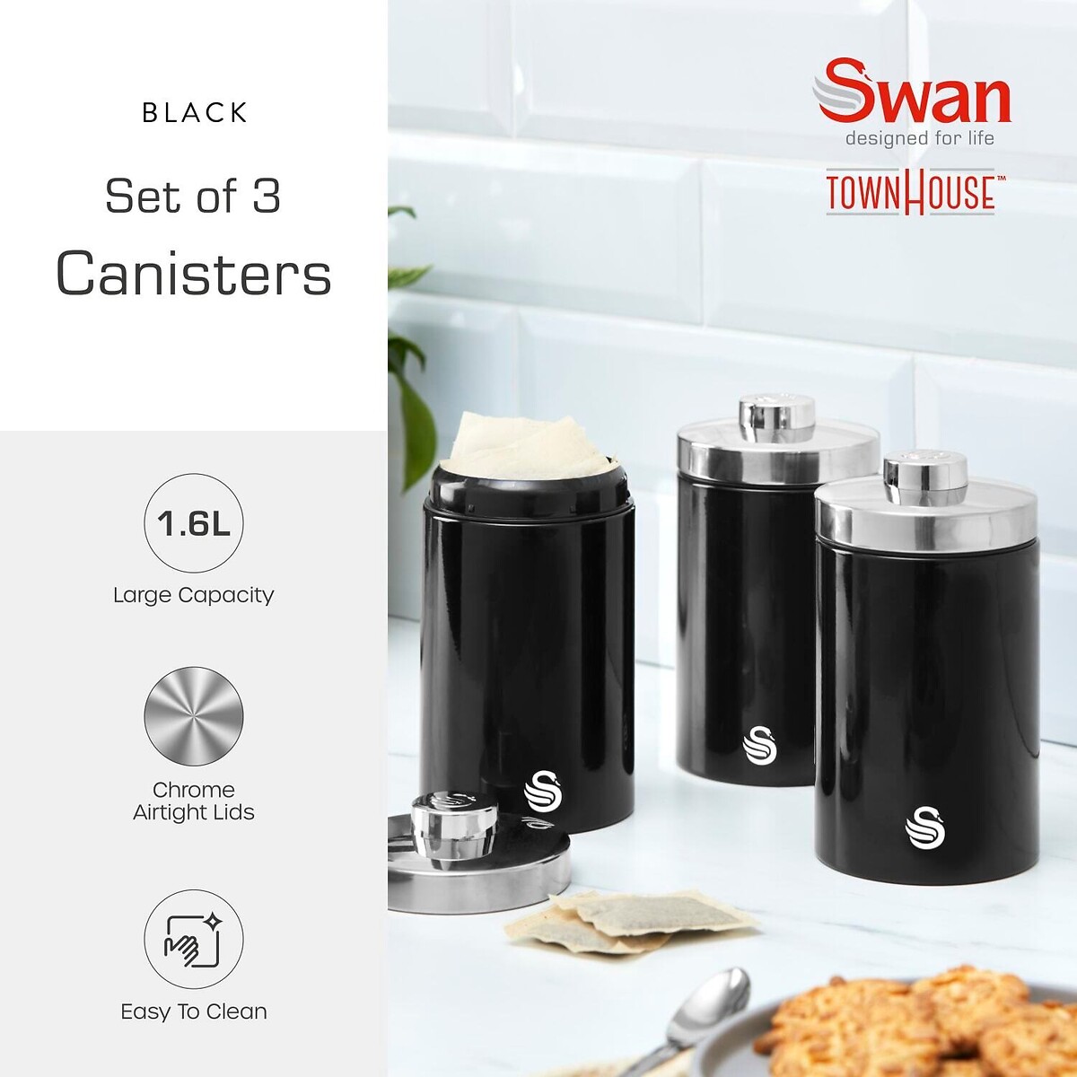 Set of 3 Townhouse Canisters black, SWAN