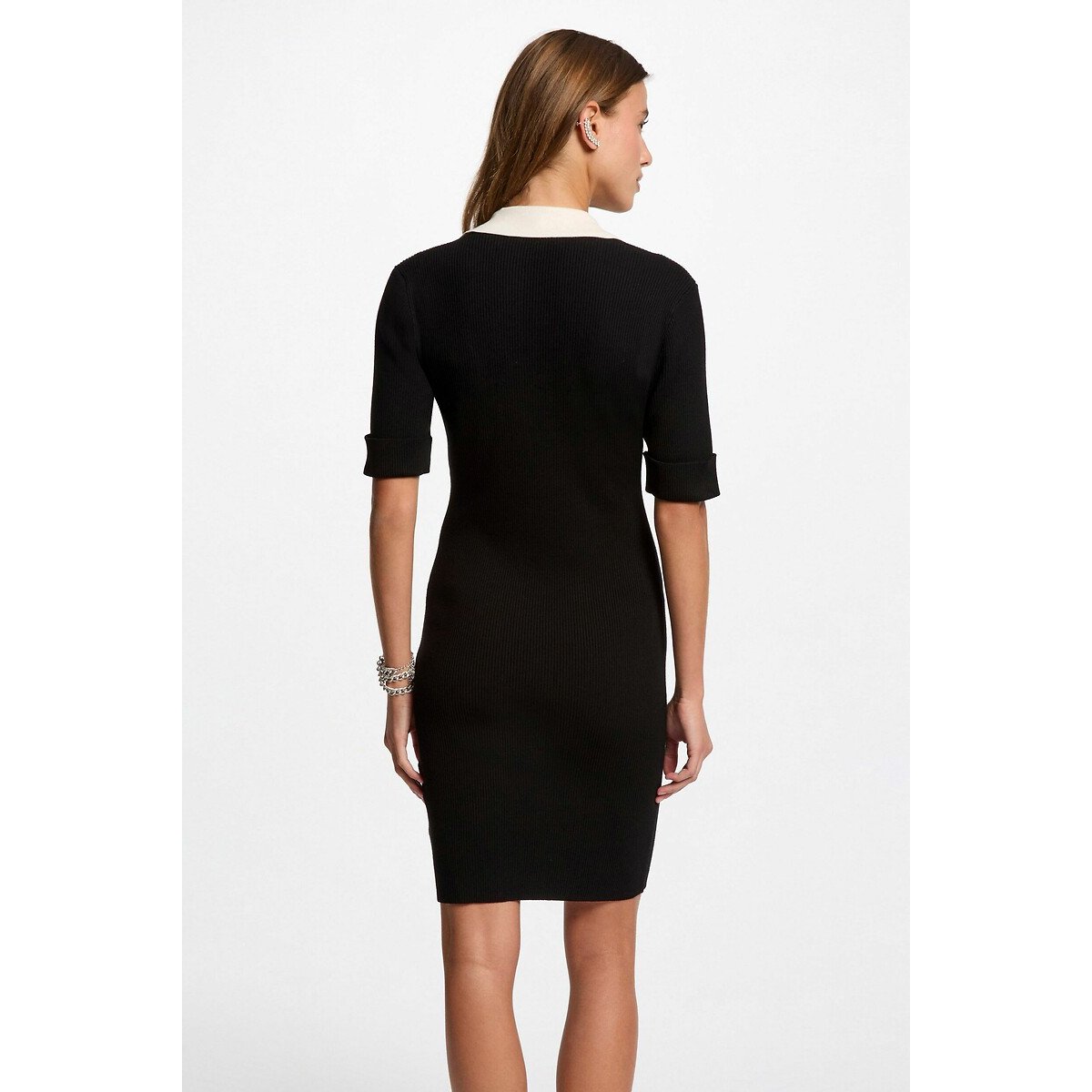 Slim Fitting Mini Knitted Dress black/ivory, MORGAN