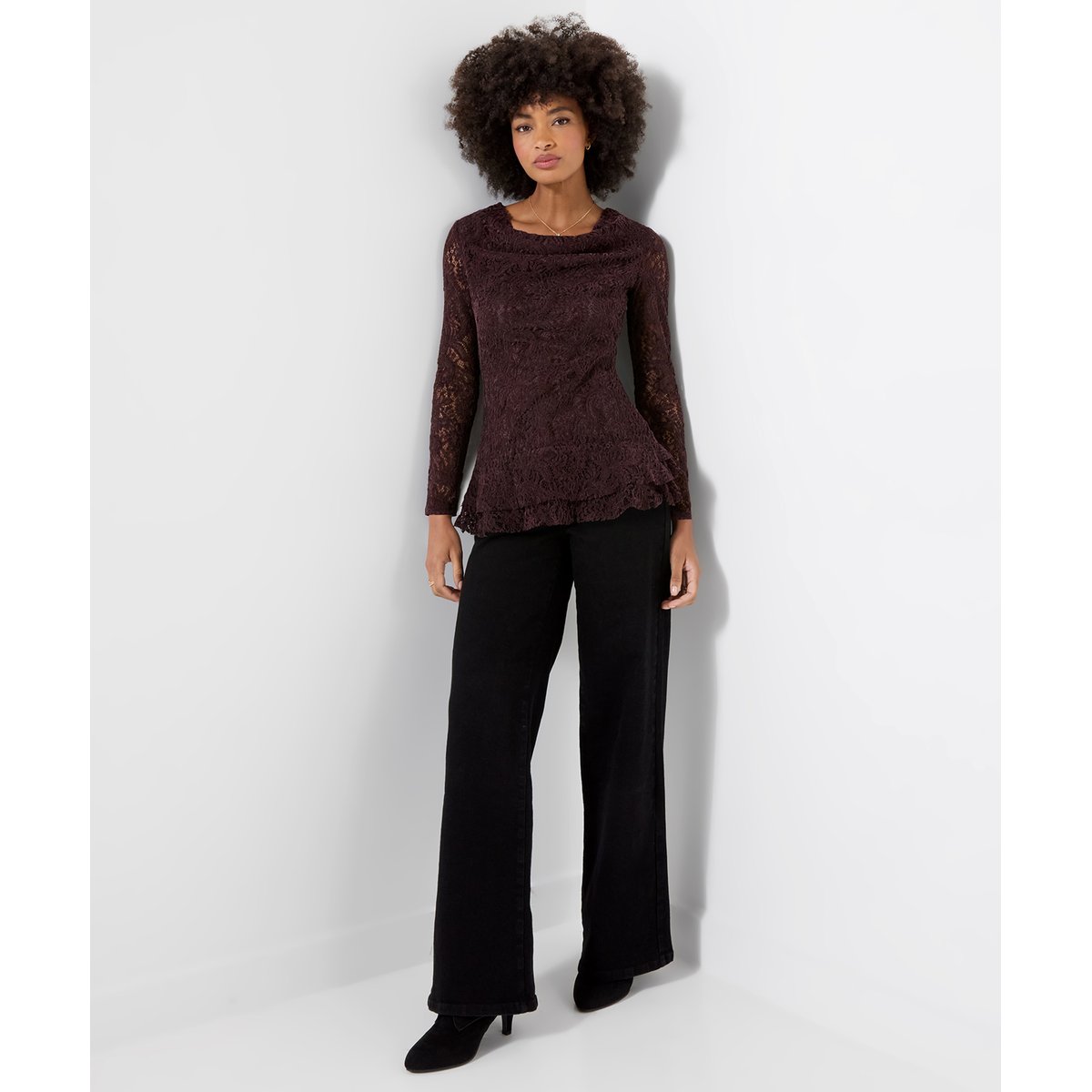 Blouse en Dentelle à Col Bénitier et Ourlet Asymétrique marron, JOE BROWNS