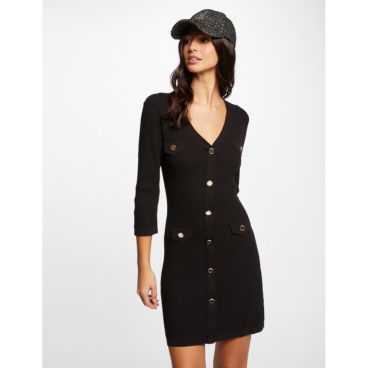 Robe pull ajustée manches 3/4 à boutons noir, MORGAN