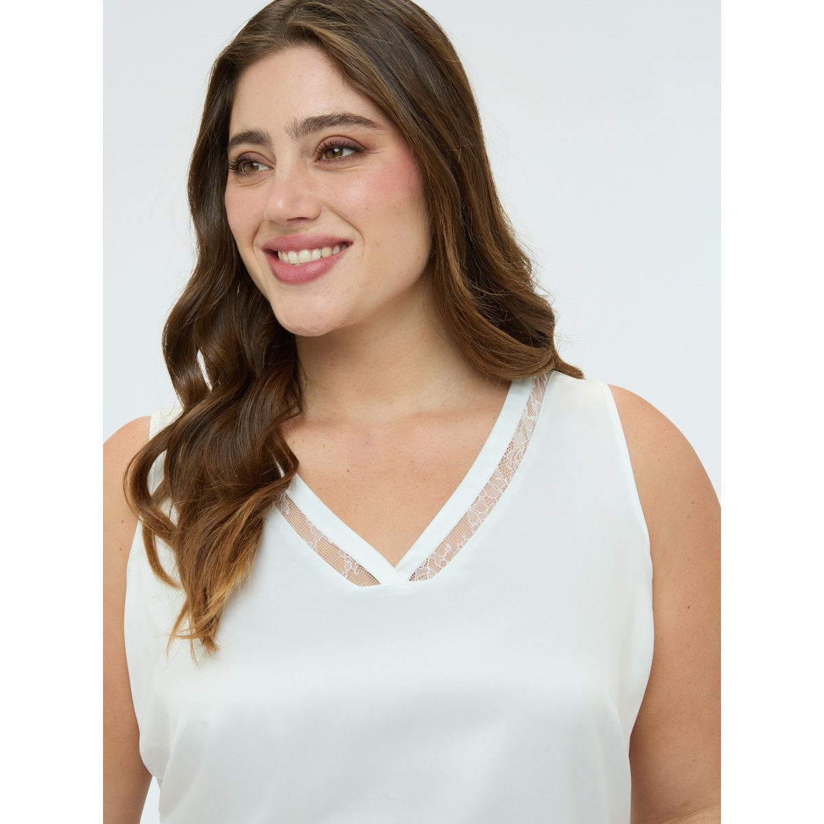 Top avec décolleté en V et détail en dentelle blanc, FIORELLA RUBINO