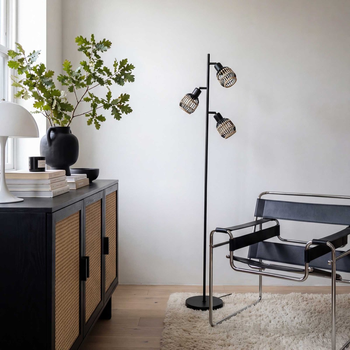 Lampadaire en métal et rotin tressé, LATIE naturel, C-CREATION