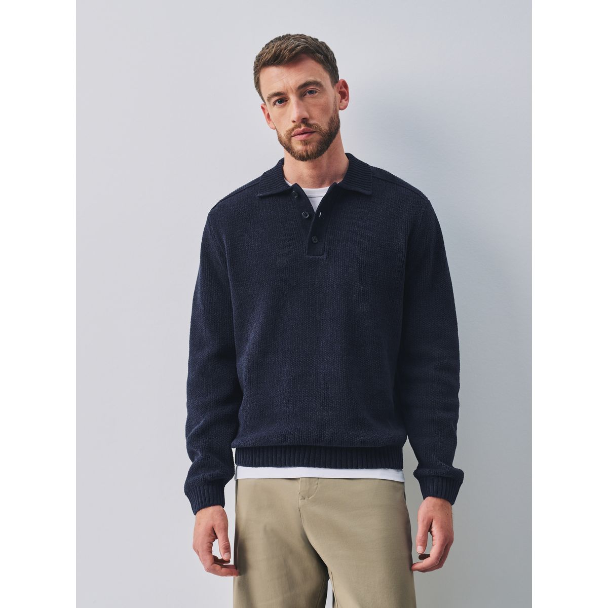 Polo côtelé en maille chenille bleu marine, NEXT