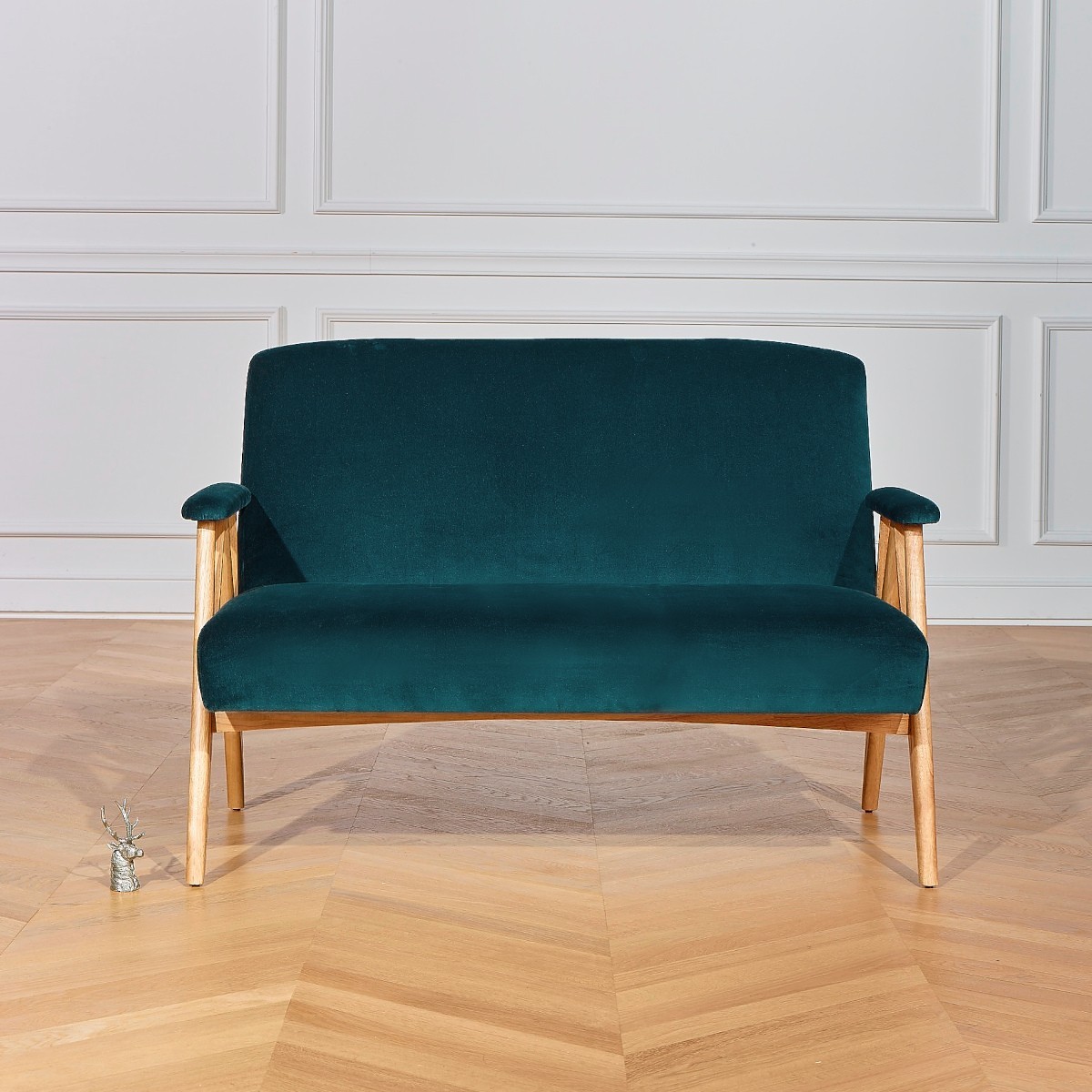Banquette style scandinave 2 places en hévéa massif et velours WILLY bleu paon, ROBIN DES BOIS