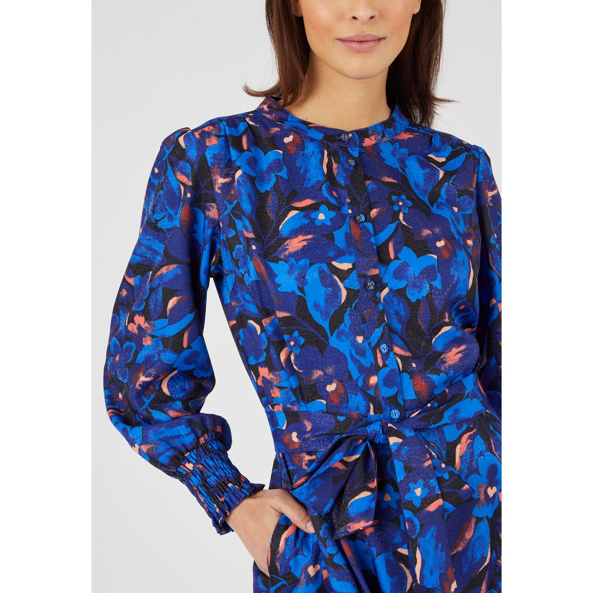 Robe-chemise fantaisie smockée bleu fleuri, DAMART