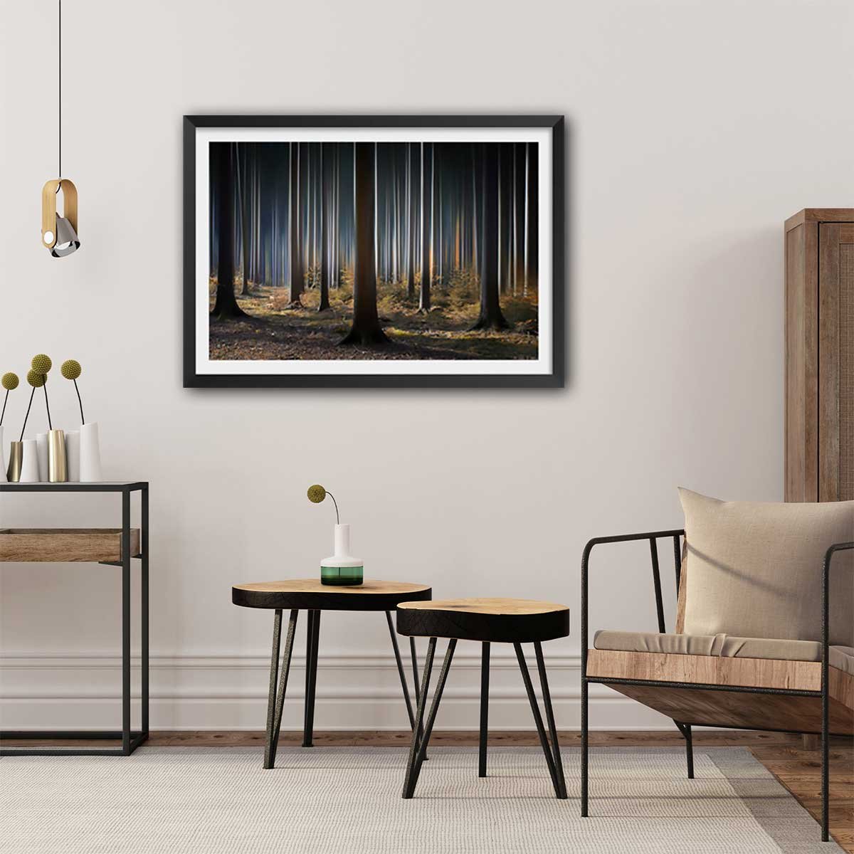 Affiche paysage forêt fantastique affiche + cadre en bois - noir, HEXOA