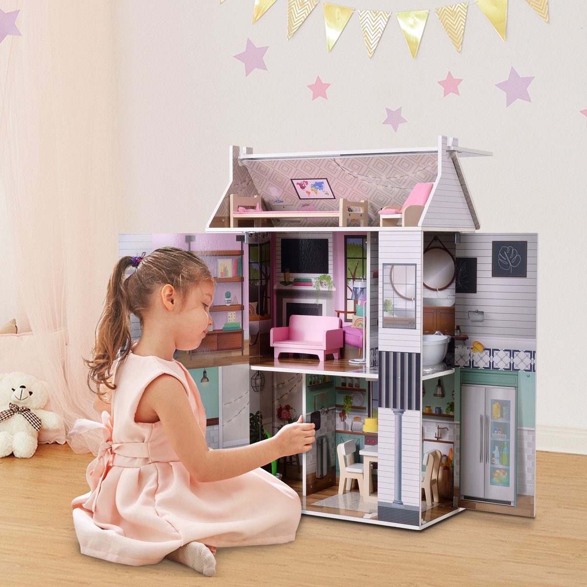 Maison Poupée Bois Enfant Farmhouse DREAMLAND blanche, TEAMSON KIDS