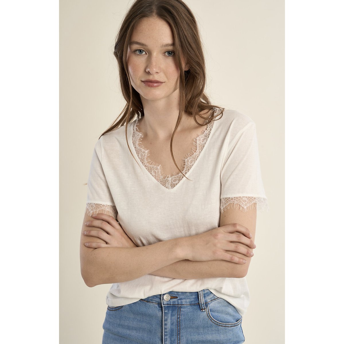T-shirt manches courtes col v détail dentelle blanc, MOLLY BRACKEN