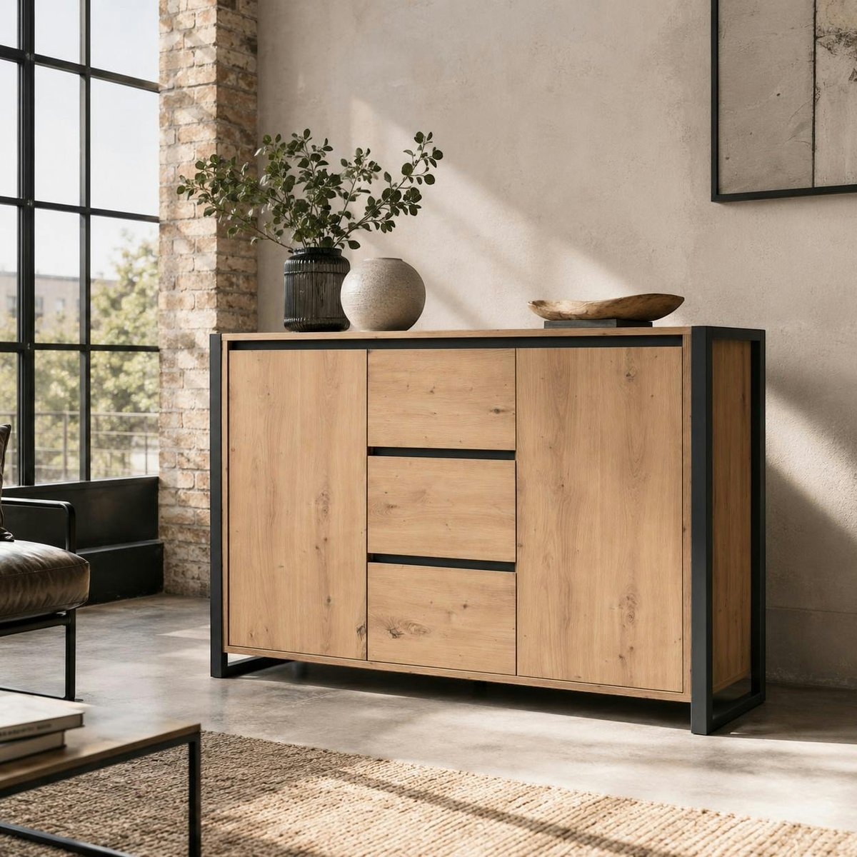 Buffet 2 portes, 3 tiroirs ALVA chêne, PIER IMPORT