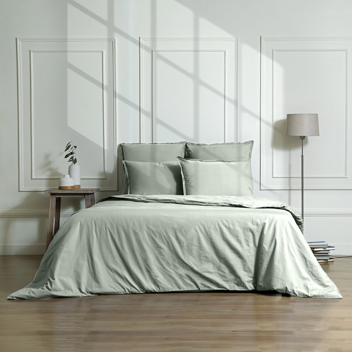 Parure + taies 65x65 satin lavé de coton bio GAIA Made in Europe vert céladon, FEBRONIE